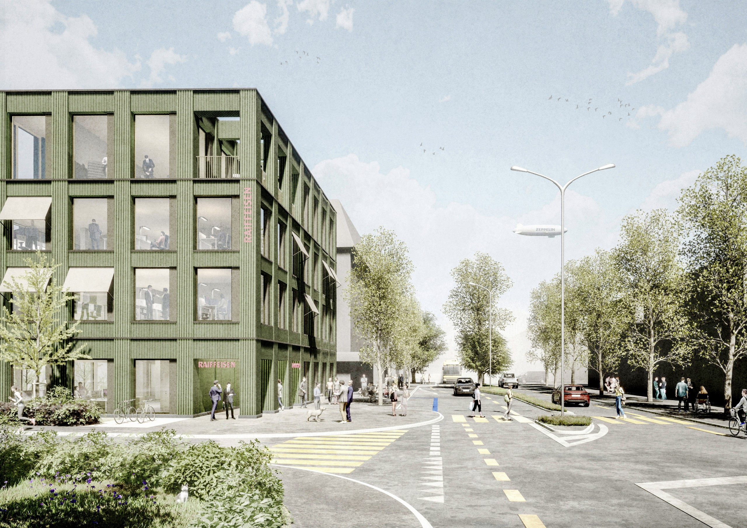 Die Visualisierung zeigt das neue Raiffeisengebäude entlang der St. Gallerstrasse. Parallel zur Alemannenstrasse ist ein weiterer Baukörper geplant, der Mietwohnungen enthalten wird.