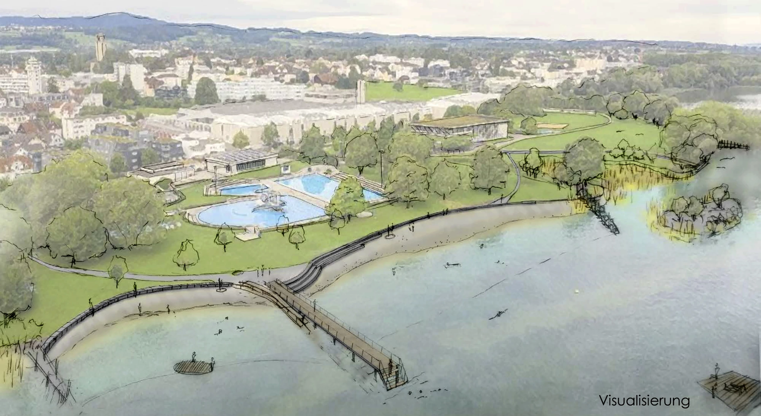Die Visualisierung zeigt, wie das Ufer des Schwimmbads und des Seeparks nach der Renaturierung aussehen könnte: links die Kinderbucht, rechts der grosse Badestrand. Dazwischen befindet sich ein Steg ins Wasser. Im an die Badi angrenzenden Bereich des Seeparks soll eine neue Bucht mit vorgelagerter Insel entstehen, die Tieren als Lebensraum dienen soll.